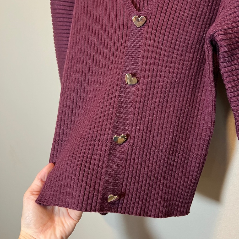 Anthropologie Ribbed Heart Button Cardigan Plum Puff Sleeve‎ Sweater XS NWT - Picture 4 of 12